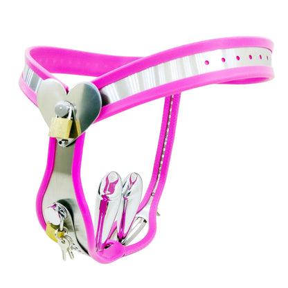 Heart Shaped Female Chastity Belt with Lockable Shield and Plugs - Pink