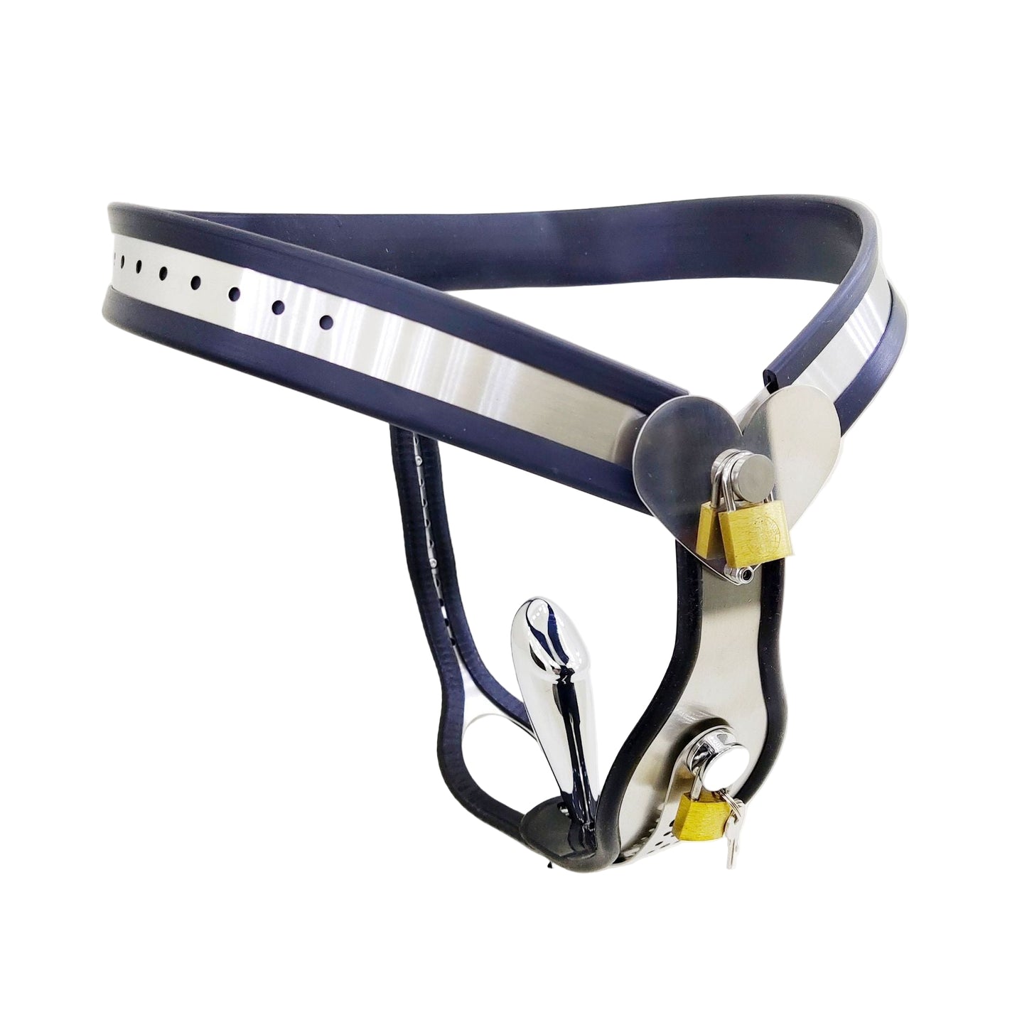 Heart Shaped Female Chastity Belt with Lockable Shield and Plugs - Black