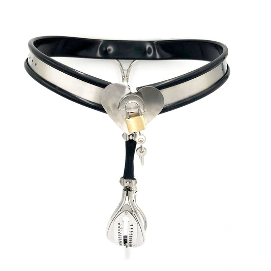 Side view of a heart-shaped invisible chastity belt for women with a waist belt