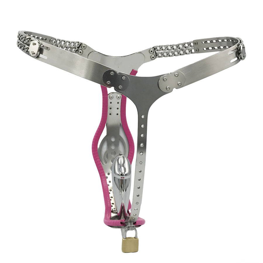 Back View of Pink Female Chastity Belt with Removable Anal & Vaginal Plugs